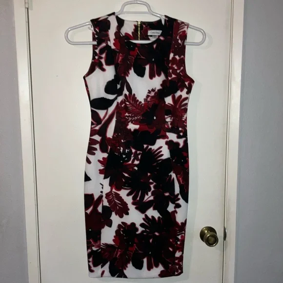Calvin Klein Red and Black Sheath Dress Sleeveless Crew Neck Midi - Picture 1 of 5